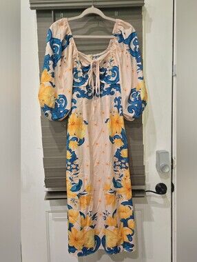 SHEIN Peach Maxi Dress with Yellow & Blue Floral Print